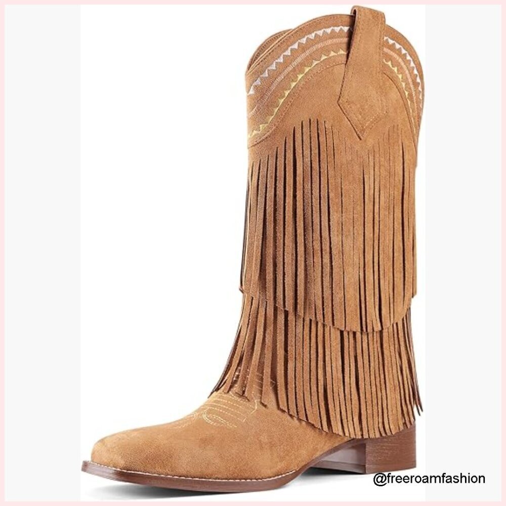 Women's Fringe Cowboy Boots Mid Calf Block Heel Square Toe Pull On